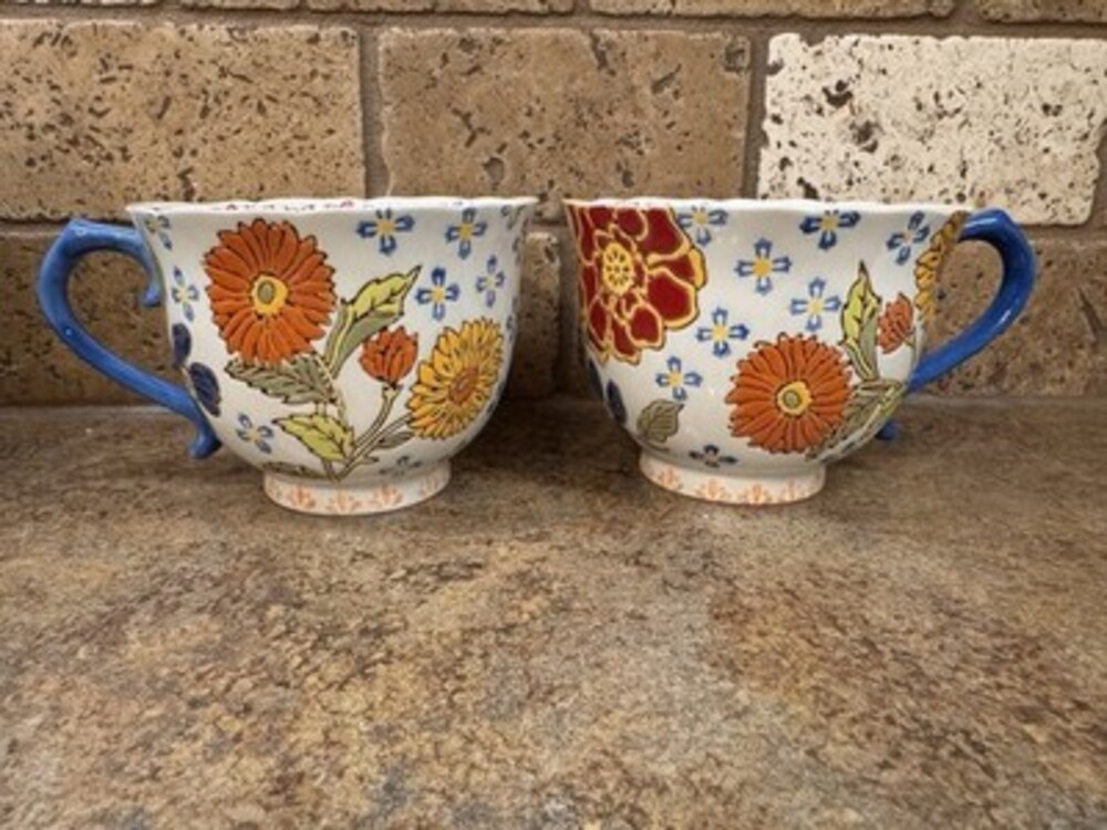 Dutch Wax Anthropologie Pedestal Coffee Mug Cup Floral Boho Coastline  X 2